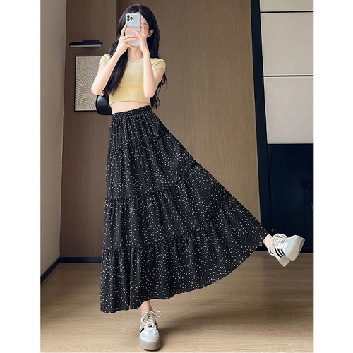 Policy-dotted skirt for women's summer new high-waist a-line slimming medium and long all-matching small white long dress