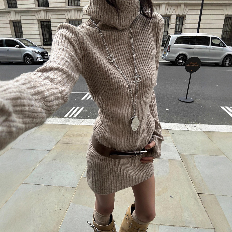 Hao Tian 2025 New Khaki High-Neck Sweater Dress, Thickened Waist-Cinching Knit Dress, Short Dress Hao Tian 2025 New Khaki High-Neck Sweater Dress, Thickened Waist-Cinching Knit Dress, Short Dress