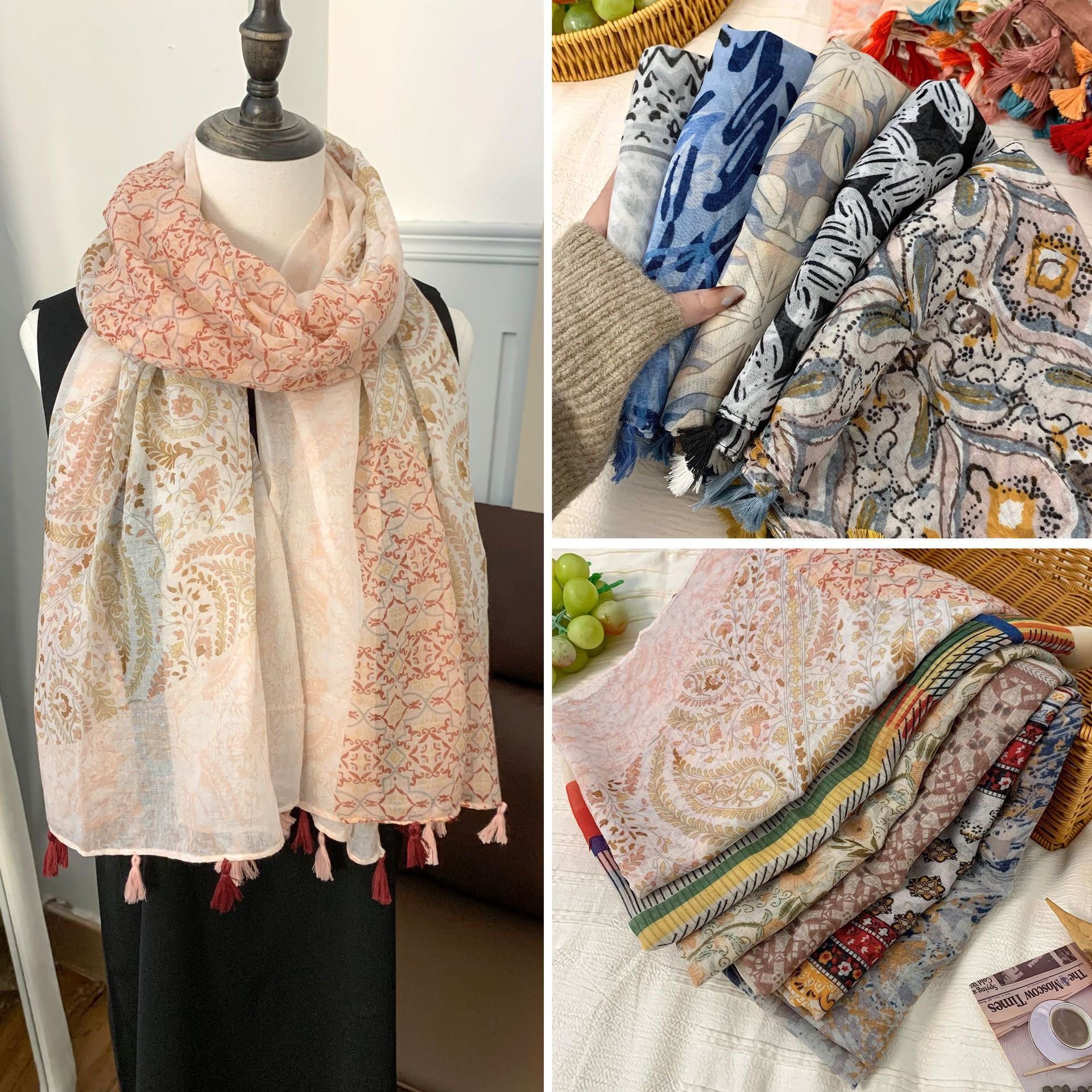 围巾新款时尚百搭薄款气质粉色腰果花丝巾长巾围脖民族风流苏披肩