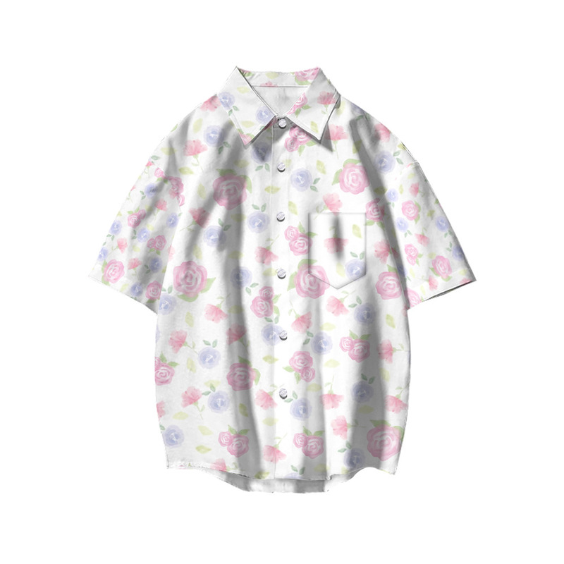 Southeast Asian foreign trade Hong Kong style Hawaiian surfing short-sleeved floral shirt men's and women's T-shirt Beach seaside holiday shirt