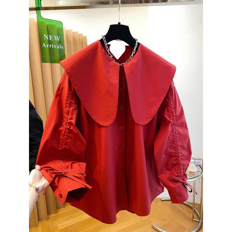 Red Doll Collar Shirt for Women, Long Sleeve, 2026 New Style, Loose Fit, Unique and Exquisite Drawstring Design, Large Lapel Top