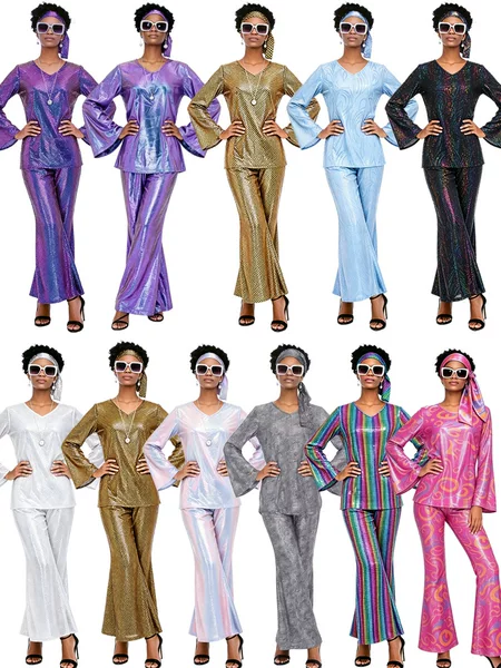 Cross-Border European and American Halloween Outfit 70S Elderly Disco Gold Foil Sequin Flared Sleeve Pants Headband Set