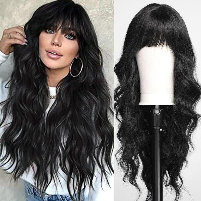 European and American Cross-Border African Black Women's Long Curly Wig with Bangs 26inch Xiyin Aliexpress Curly Hair