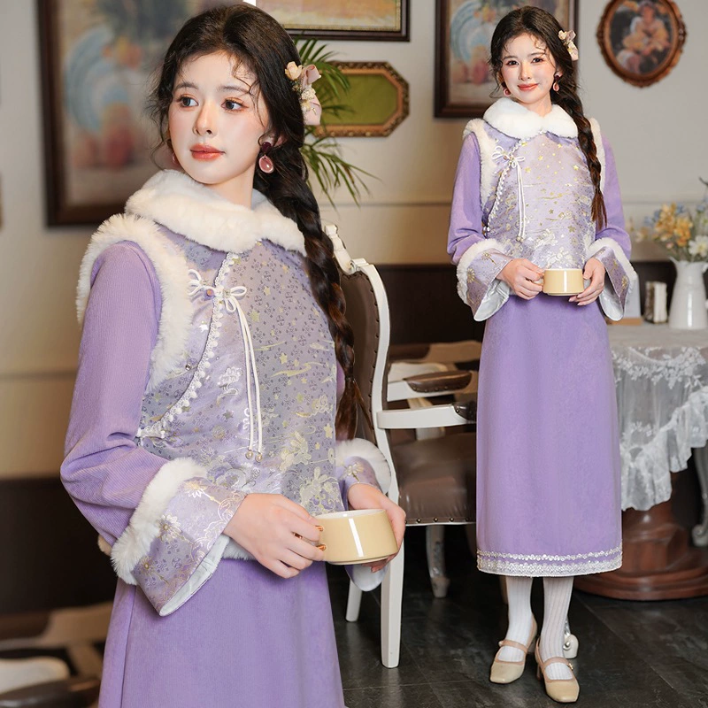 Реальная стрельба в новом китайском стиле, улучшенный шерстяной воротник, жаккард, жилет, ханьский костюм, сассанный воротник, вышитый чонсам, набор из двух частей