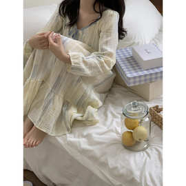2025春季INS韩系彩色条纹撞色边方领双层棉纱家居服睡裙连衣裙女