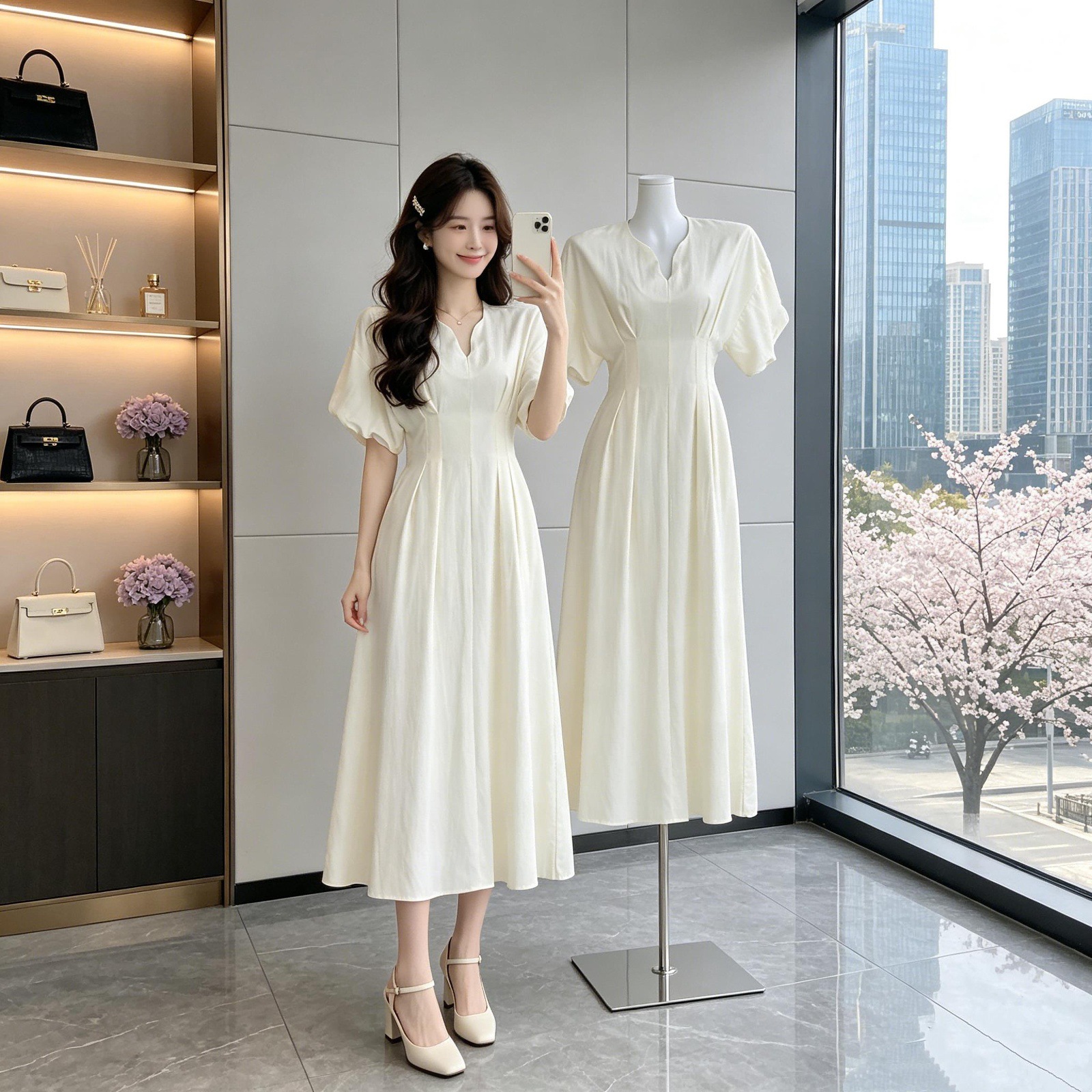 ICELOLLY绝美不撞款亚麻V领小个子收腰连衣裙女夏法式掐腰长裙子