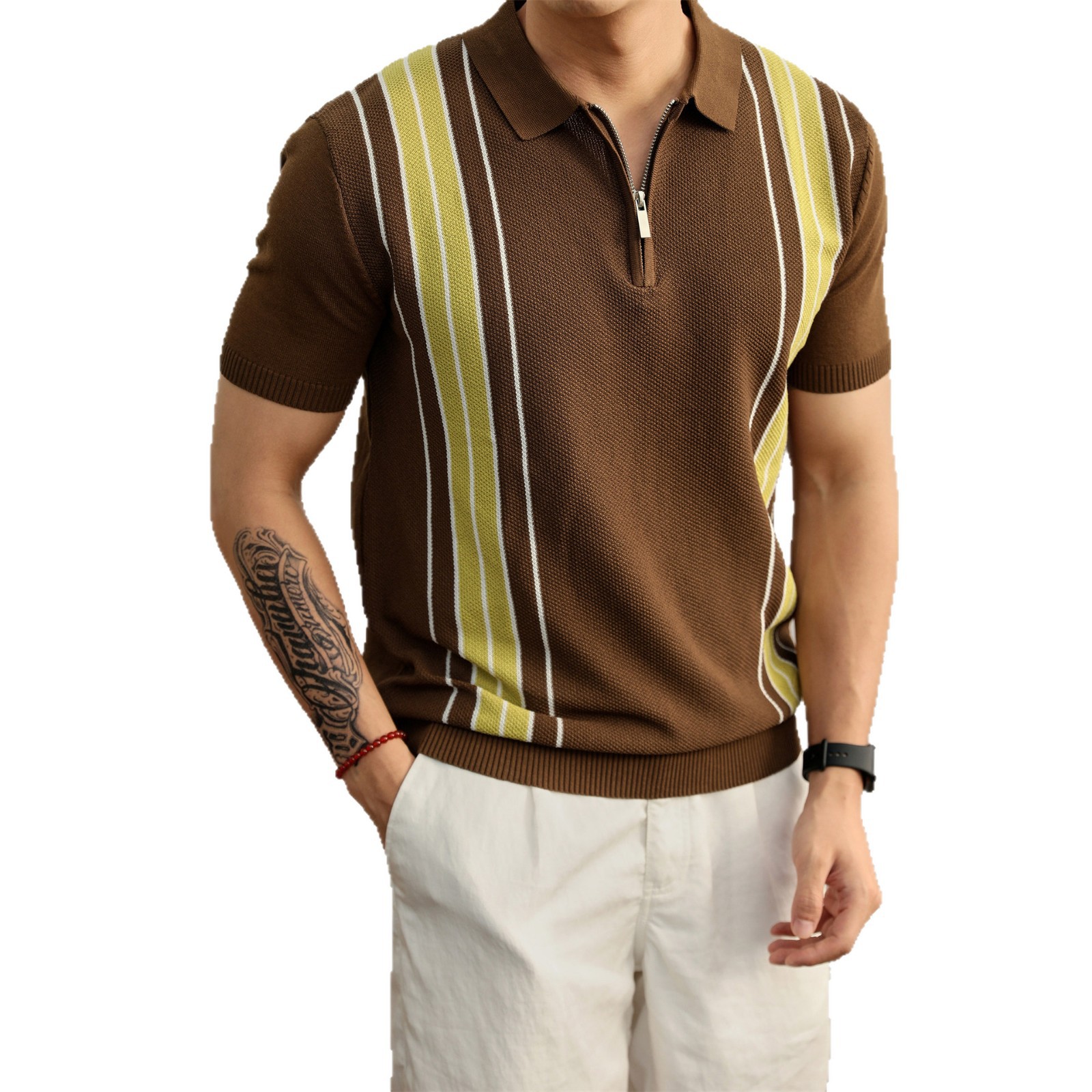 Polo camiseta de punto camiseta de manga corta hombre solapa media cremallera rayas viejas camiseta de viento de verano transfronterizo transpirable fábrica al por mayor t