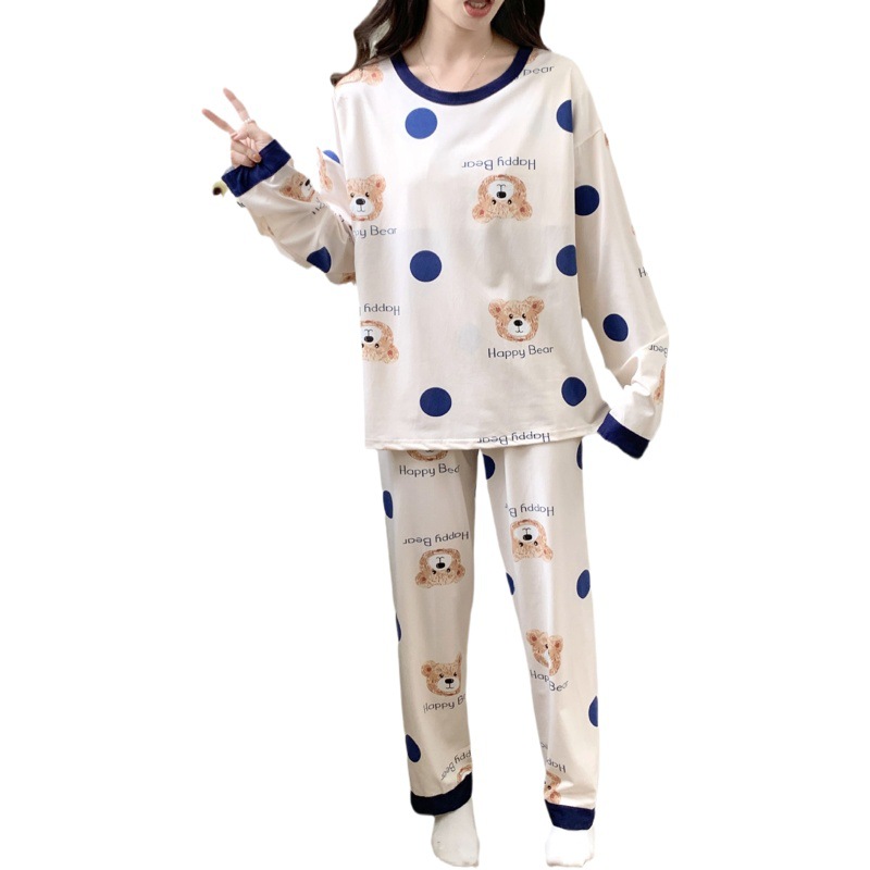 Oso de dibujos animados pijamas las mujeres artificiales algodón cuello redondo pullover manga larga otoño e invierno con almohadilla en el pecho dulce chica desgaste en casa traje