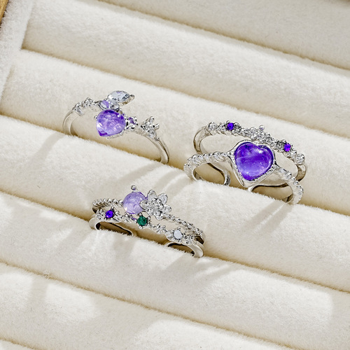 跨境热销紫色爱心月光锆石开口戒指3件套女小众食指戒可调节指环