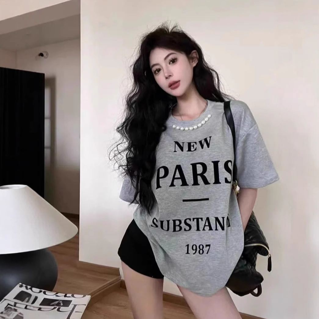 American Style Retro Letter Printed Short-sleeved Shirt Women's Summer Design Sense Pearl Crewneck Loose Casual Grey Trendy Top