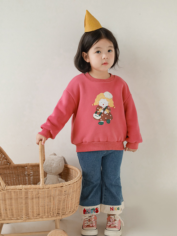 Qiuduo cute girls' cartoon printed sweater autumn and winter new children's Korean style fleece-lined casual top baby clothes