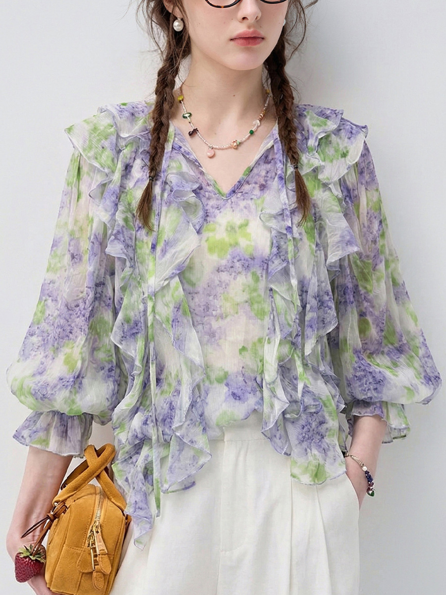 Áo sơ mi nữ chiffon in hoa tay dài viền lá sen — Yên Hà Tử
