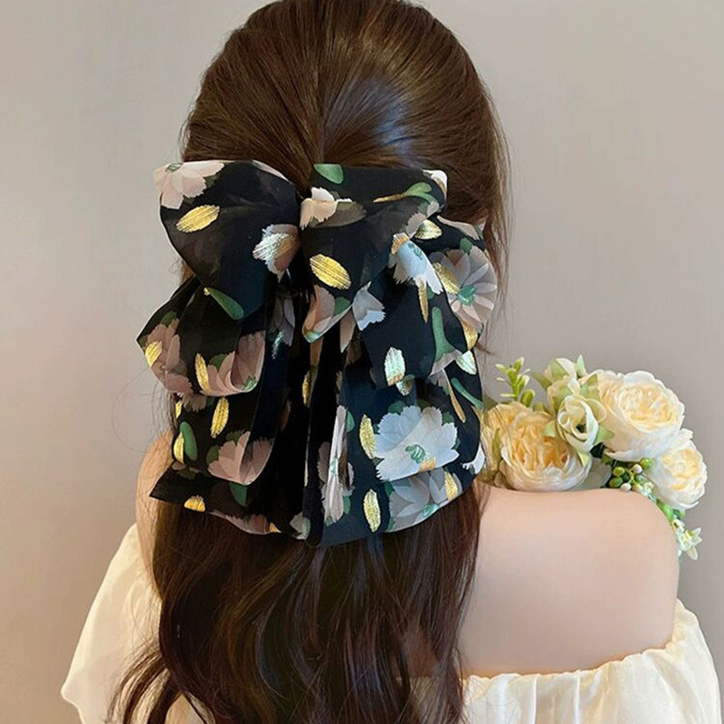 Advanced Satin Satin Big Black Bowknot Clip de tiburón Tocado Diamante cuadrado Horquilla en la parte posterior de la cabeza Clip de agarre Horquilla femenina