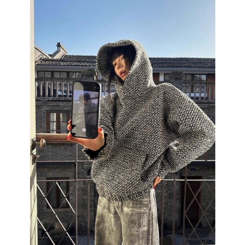 American Retro Style Hooded Sweatshirt for Men and Women, Autumn and Winter Design, Tweed Woven Jacket, Chanel-Inspired Style