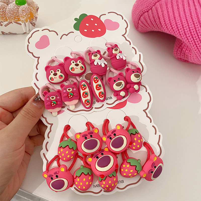 Los niños de dibujos animados de fresa oso cuerda de pelo lindo lazo del pelo banda de goma cuerda de pelo de la niña elástica y no duele accesorios para el cabello