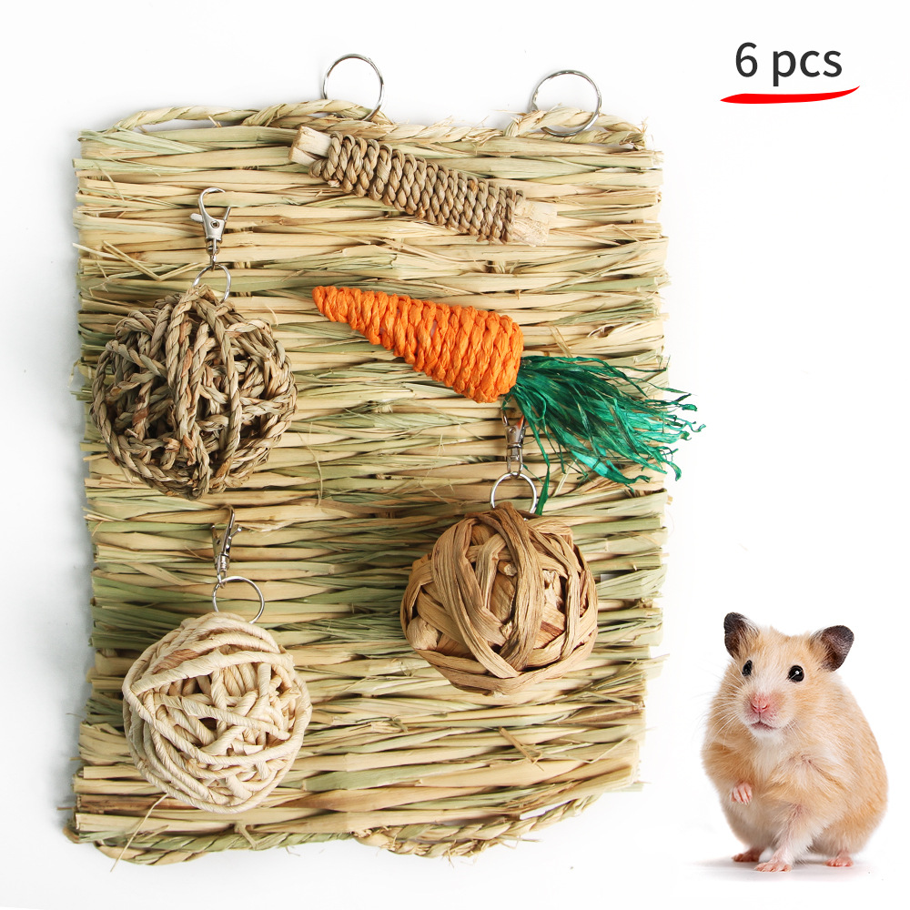 亚马逊新款草编宠物玩具仓鼠兔子荷兰猪鹦鹉玩耍磨牙用品组合套装