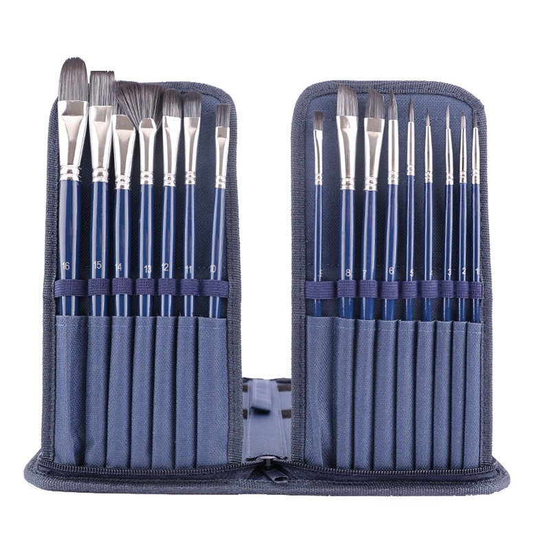 跨境新款16件套尼龙画笔 单色蓝色布包水粉笔套装油画用品批发