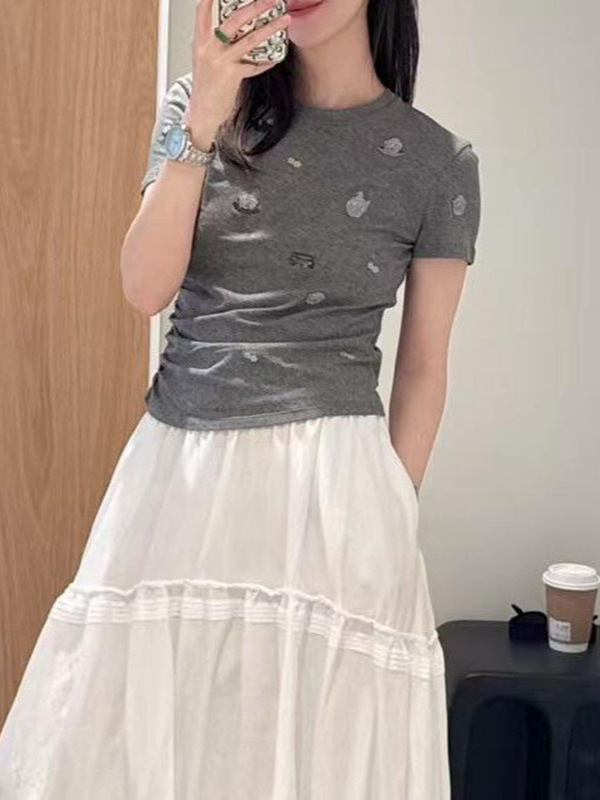 2025 新しい夏の女性のカジュアル多用途ヘビーデューティ刺繍ラウンドネック半袖 Tシャツトップス女性 2J2B352|undefined