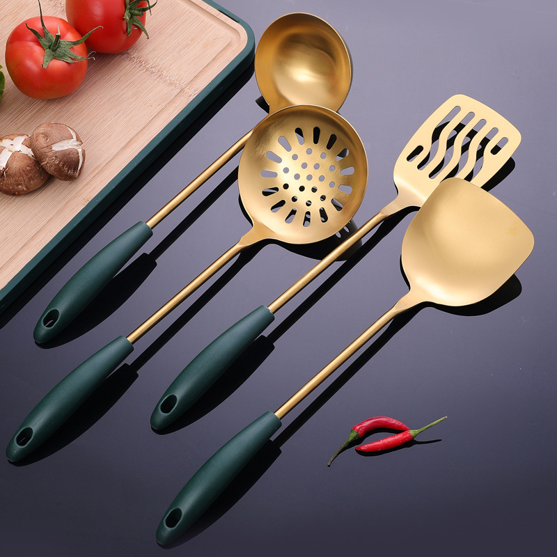 304 pala de acero inoxidable utensilios de cocina traje de plástico mango freír pala cuchara de pala dorada juego de cocina pala