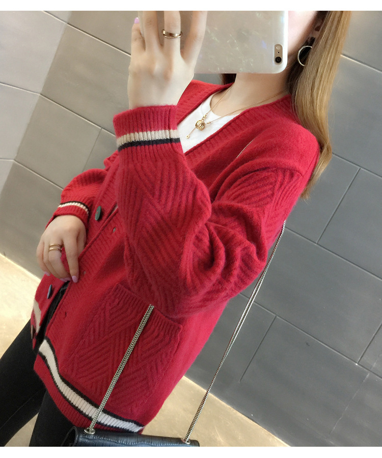 Women's Clothing Knitted Sweater V Neck All match Small Cardigan Jacket Women's Colorblock Sweater _voghion.com