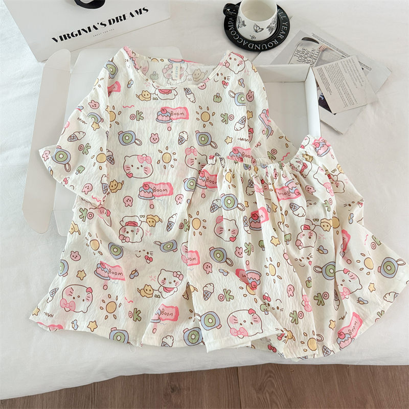 Transfronterizo al por mayor pijamas de algodón nubes de dibujos animados ropa de casa de mujer chaqueta manga corta pantalones cortos set set de cuello redondo set de dos piezas