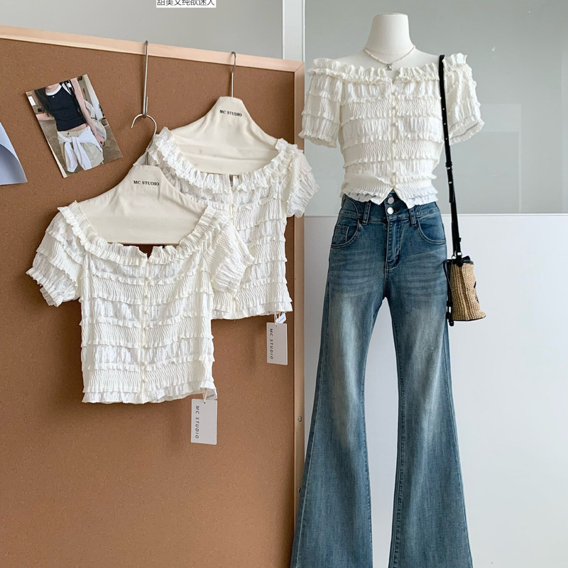 French-Style One-Shoulder Lace Collar Lace Shirt for Women 2026 Summer New Design Age-Reducing Top