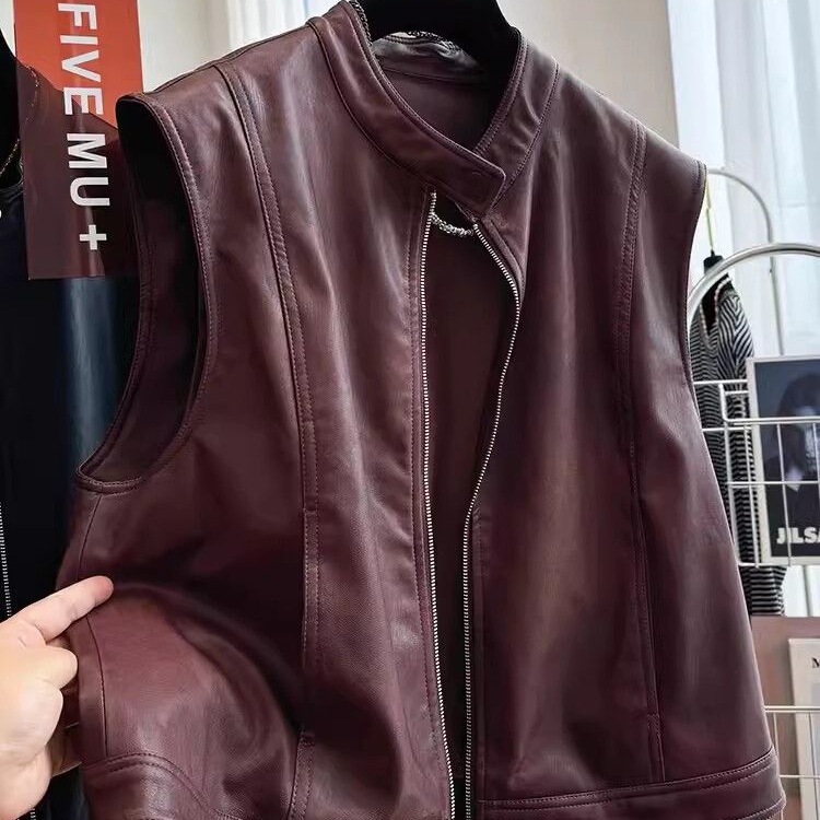 Super Stylish Stand Collar Biker Leather Vest for Women, Spring and Autumn Sleeveless Layered Pu Leather Jacket Vest Coat