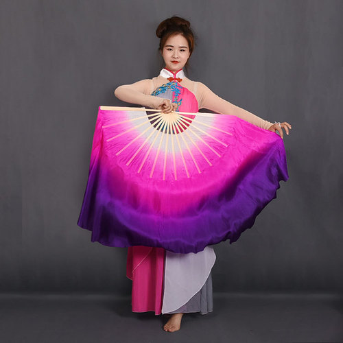 New silk dance fan, classical dance yangko dance props, white rose purple gradient color, long silk double-sided yangko fan
