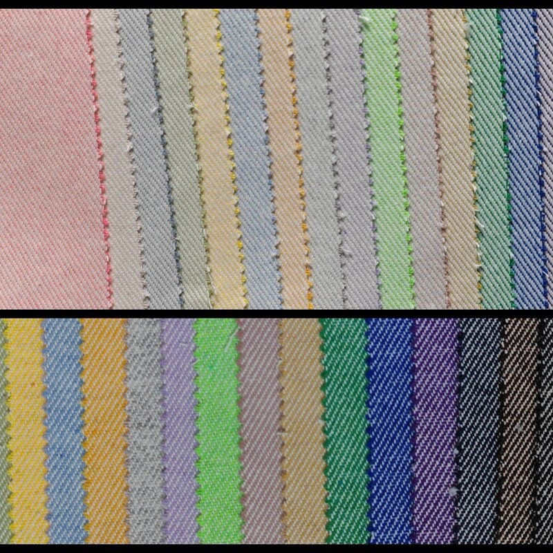 Colorful denim fabric with a white striped twill pattern, available in multiple colors, 10 pieces, for clothing and workwear, direct from the manufacturer Colorful denim fabric with a white striped twill pattern, available in multiple colors, 10 pieces, for clothing and workwear, direct from the manufacturer