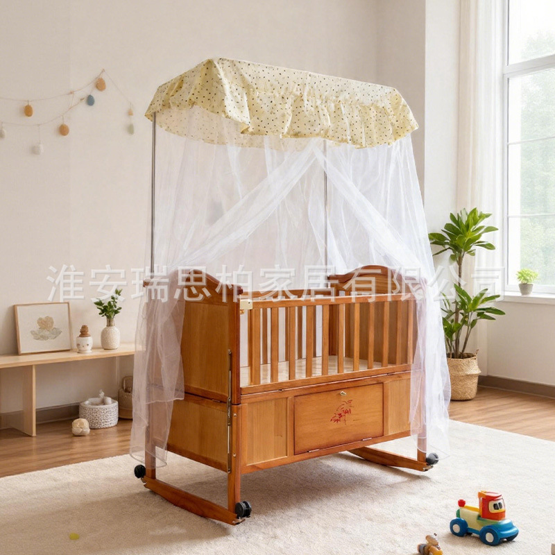 Multifunctional Solid Wood Baby Crib with Mosquito Net, Movable Baby Cradle Bed, Splicable Large Bed, Youth Bed with Storage