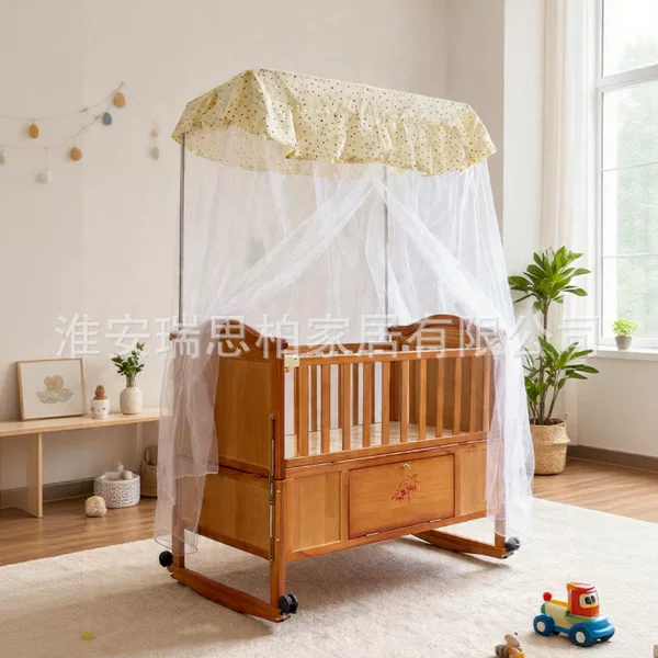 Multifunctional Solid Wood Baby Crib with Mosquito Net, Movable Baby Cradle Bed, Splicable Large Bed, Youth Bed with Storage