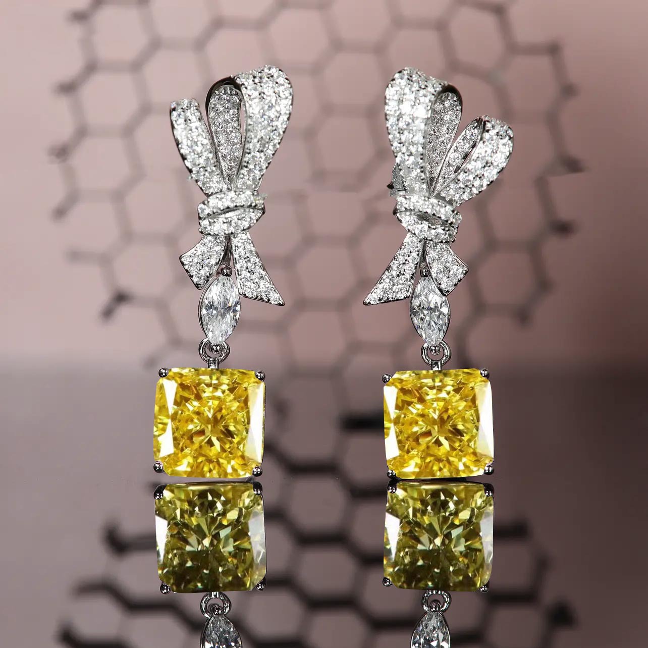 fashion pink yellow diamond pendant full diamond bow copper earrings