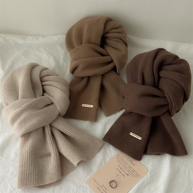 Scarf for Women Winter 2024 New Wool Knitted Pure Color Small Scarf Trendy Korean Style Thickeneded Warm Versatile Long Scarf