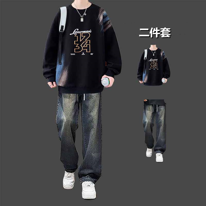 Boys' American Round Neck Sweatshirt Suit, Teenagers' New Spring & Fall Trendyy Long-Sleeved T-Shirt with Jeans Set Boys' American Round Neck Sweatshirt Suit, Teenagers' New Spring & Fall Trendyy Long-Sleeved T-Shirt with Jeans Set