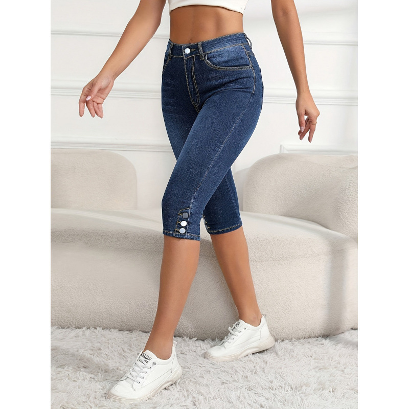 2026 Cross-Border New European and American Button Closure Women's Stretch Denim Capri Pants