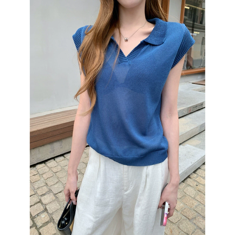 Летний топ 2025 года в корейском стиле с открытыми плечами, свободный воротник-поло, универсальный тонкий трикотажный топ с короткими рукавами для женщин, крутой