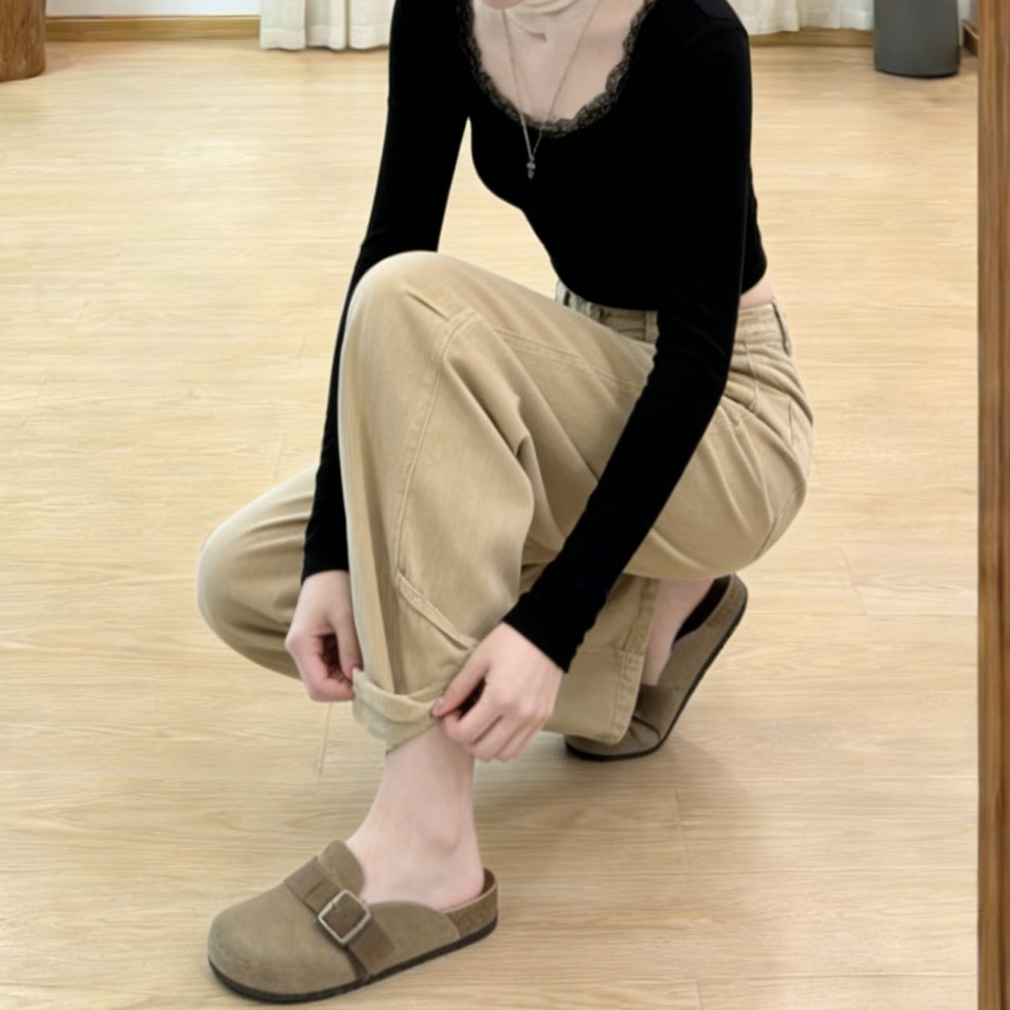 Quần jean kaki nữ ống rộng dáng suông kiểu Mỹ — màu kaki chi tiết 6