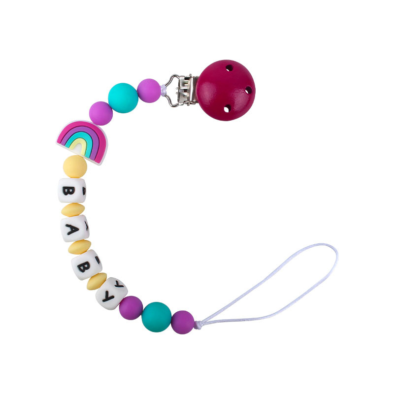 Bebé dibujos animados colorido rojo silicona teether stick teether nuevo bebé nombre pezón cadena anti-caída
