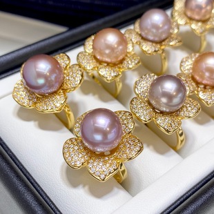 New Edison Natural Freshwater Pearl Ring 11mm Pink and Purple Large Round Beads Colorful Jewelry Women's 18K Gold Injection