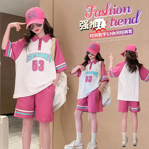 Girls short-sleeved suit summer  new style Western-style Korean style sports and leisure children's summer two-piece set for middle-aged and older children