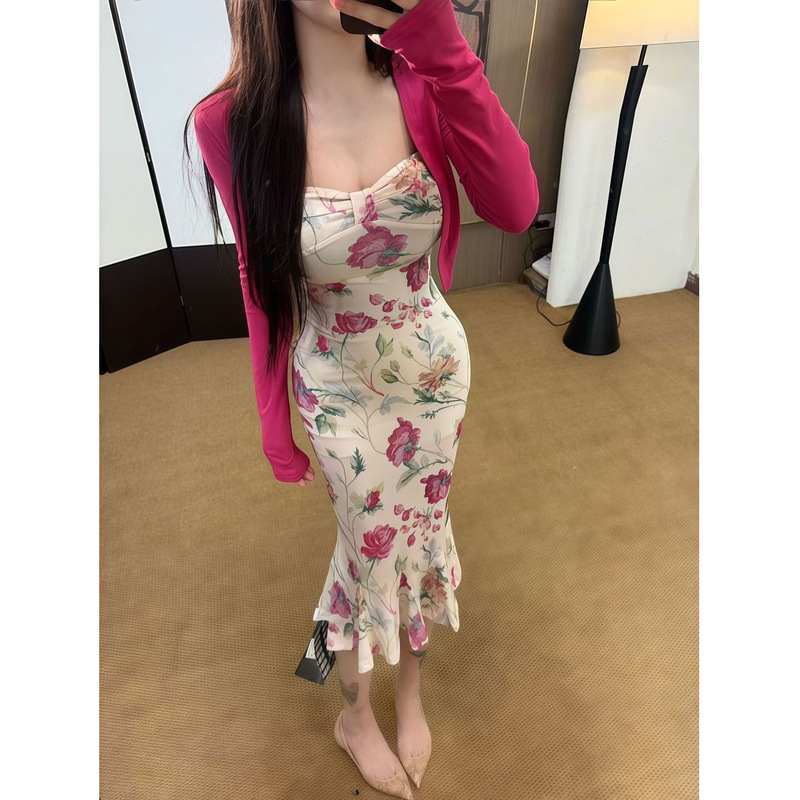 Printed Tube Top Dress That Flatters the Figure, Mid-Length, Slim-Fitting, Waist-Cinching, Gentle and Hip-Hugging Fishtail Dress