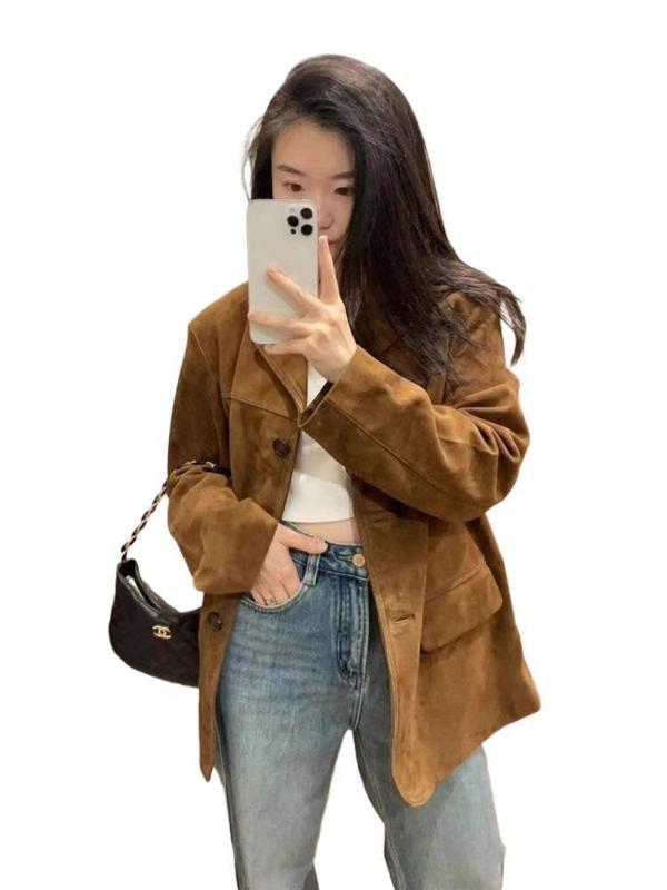 美拉德复古棕色皮衣外套女秋季2025新款感宽松麂皮绒西装上衣|undefined