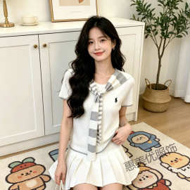 白色v领短袖针织衫女夏薄款修身显瘦气质小个子百搭休闲披肩上衣