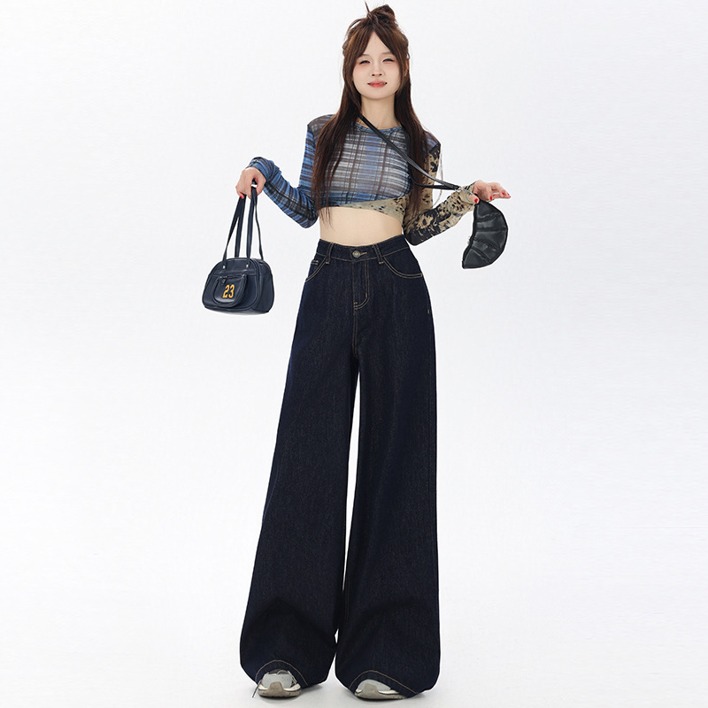 ZYZA复古深蓝色慵懒松弛感阔腿牛仔裤女新款秋季宽松直筒裤子|undefined
