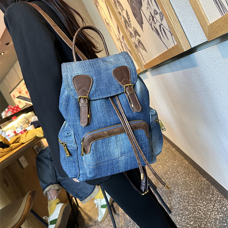 Bag, women's new 2023 fashionable denim cloth with cowhide backpack, casual and versatile canvas bag_voghion.com