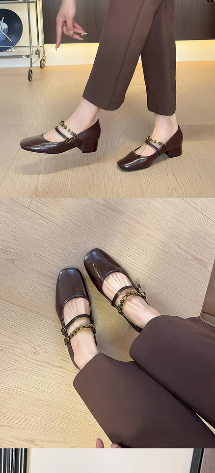 Giày Mary Jane nữ quai đôi mũi vuông gót vừa 3–6 cm, bề mặt mềm, kiểu Pháp — rượu vang đỏ, đen chi tiết 7