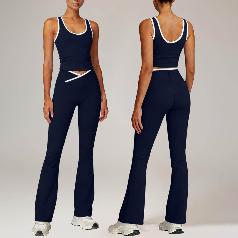 2026 Amazon Cross-Border New Style Naked-Feel Elastic High-Waist Yoga Casual Stretch Flared Sports Pants and Tank Top Set