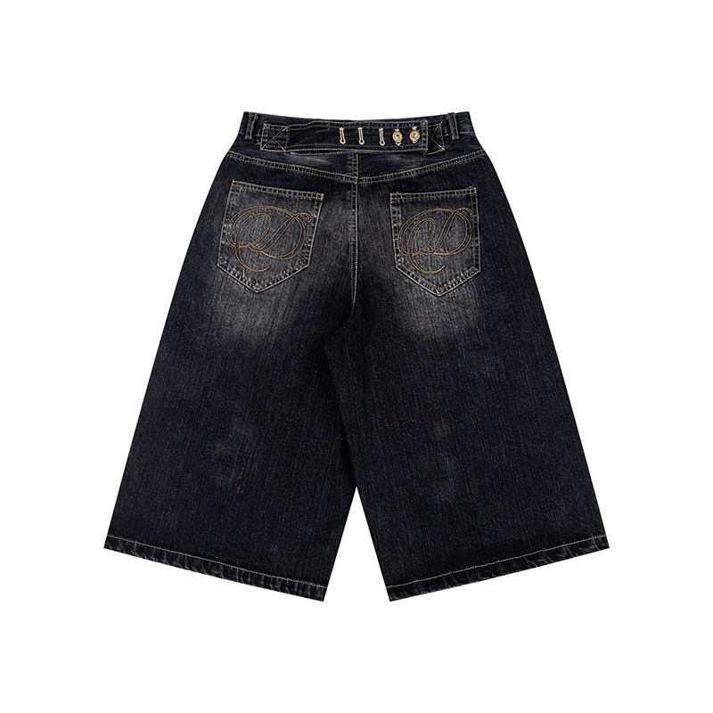 Unisex Vintage Paris Buckle Denim Capri Pants With Bamboo-Joint Wash, Relaxed Fit Over-Knee Shorts For Summer_mkmklike.com