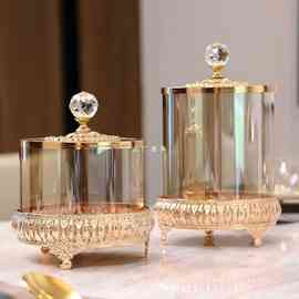 5RY轻奢风金色水晶玻璃带盖装饰储物罐 美式欧式茶几糖果罐装饰摆