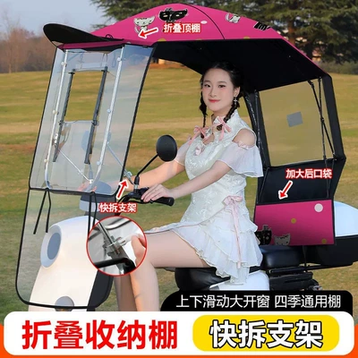 Elektromobil üçün ön şüşə çətiri (günlük) – Electric Vehicle Awning - integrated-fully-retractable-sliding-window-basic-model-roof-quick-retractable-pink-double-cat-the-car-has-a-rearview-mirror-to-take-this-photo-self-assembled